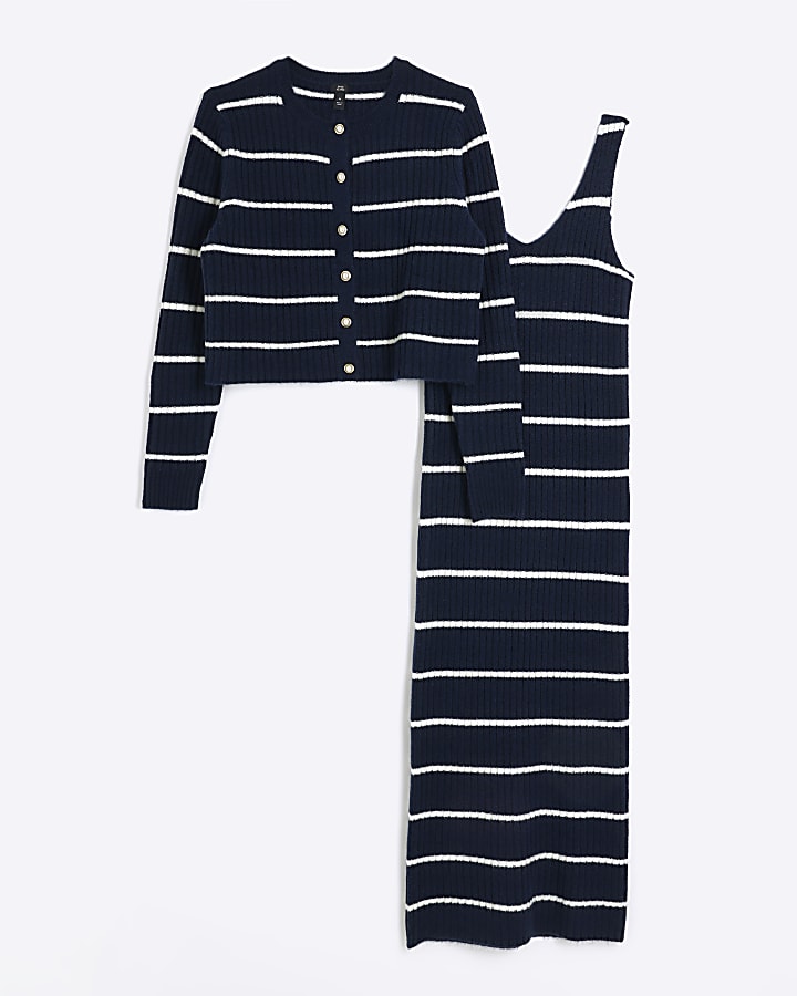 Navy knitted stripe bodycon midi dress set