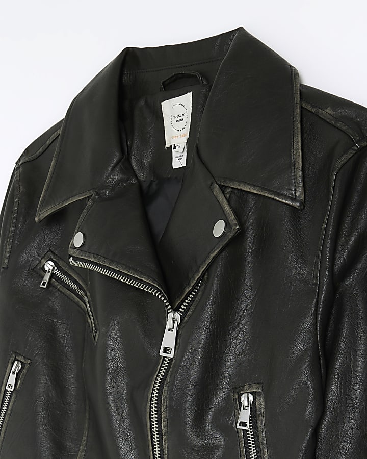 Black distressed faux leather biker jacket
