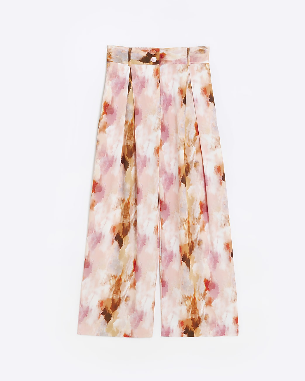 Pink abstract print pleated wide leg trousers