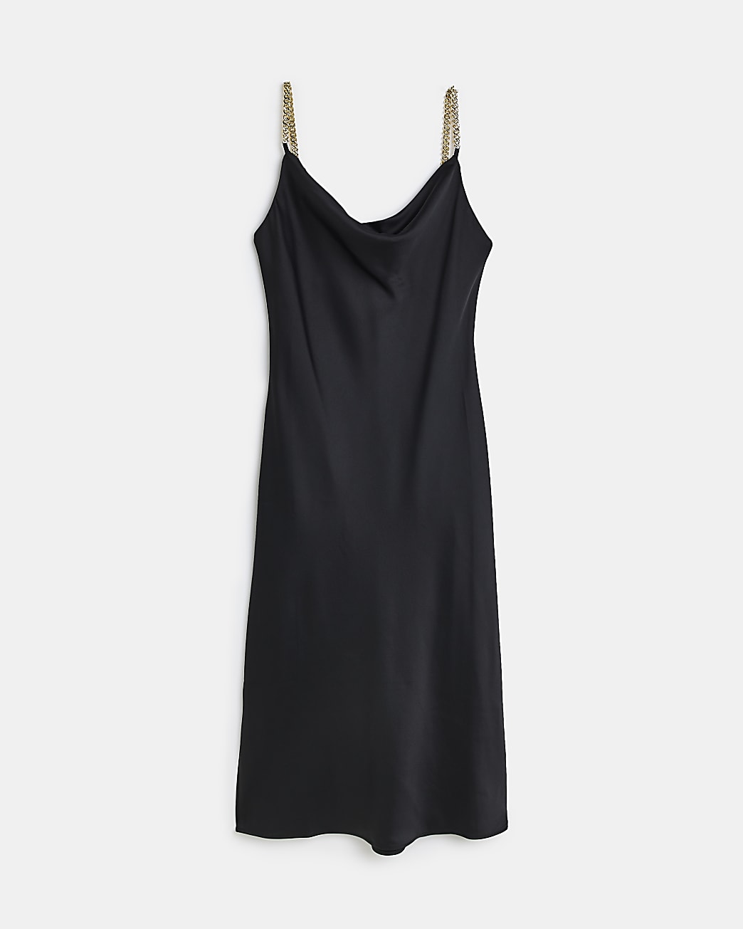 Black satin chain strap slip midi dress