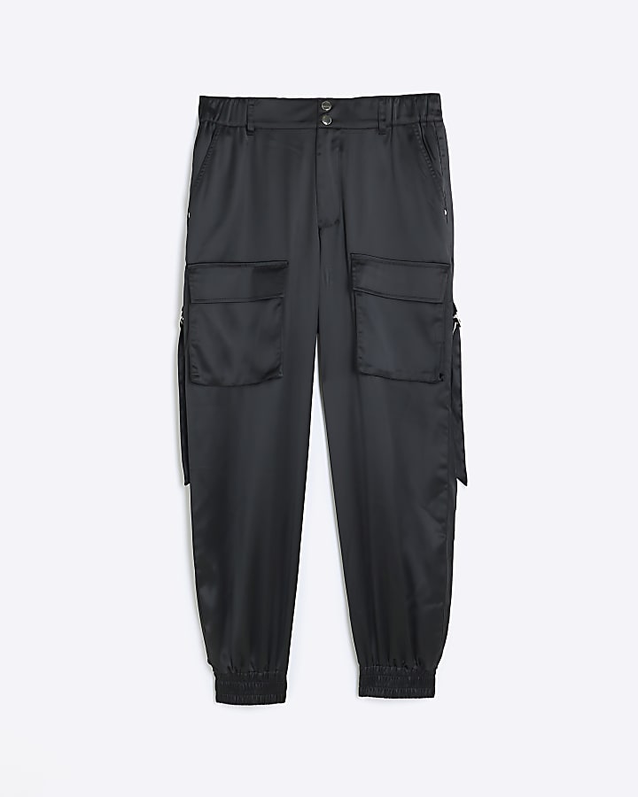 Black satin cuffed cargo trousers