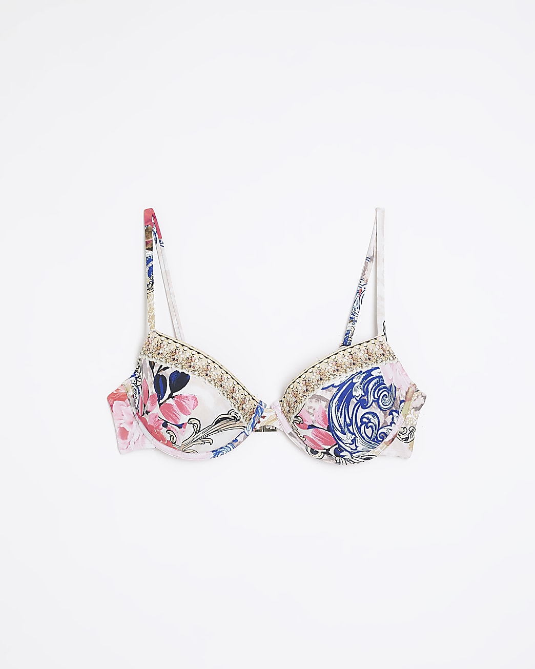 Pink floral plunge bikini top