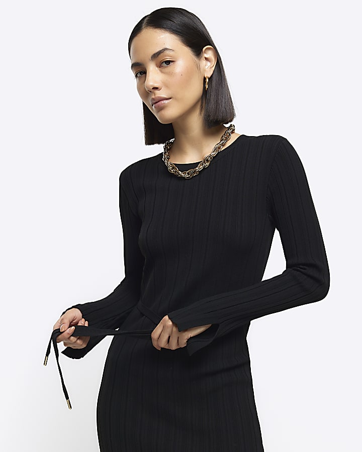 Black rib tie waist jumper maxi dress