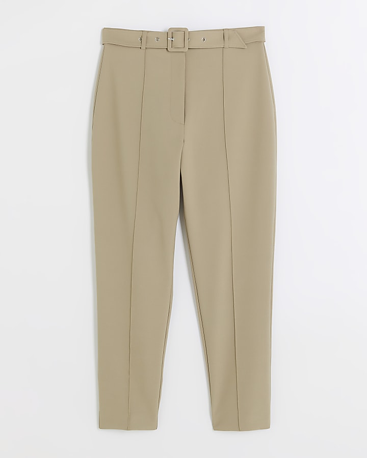 Beige belted slim trousers