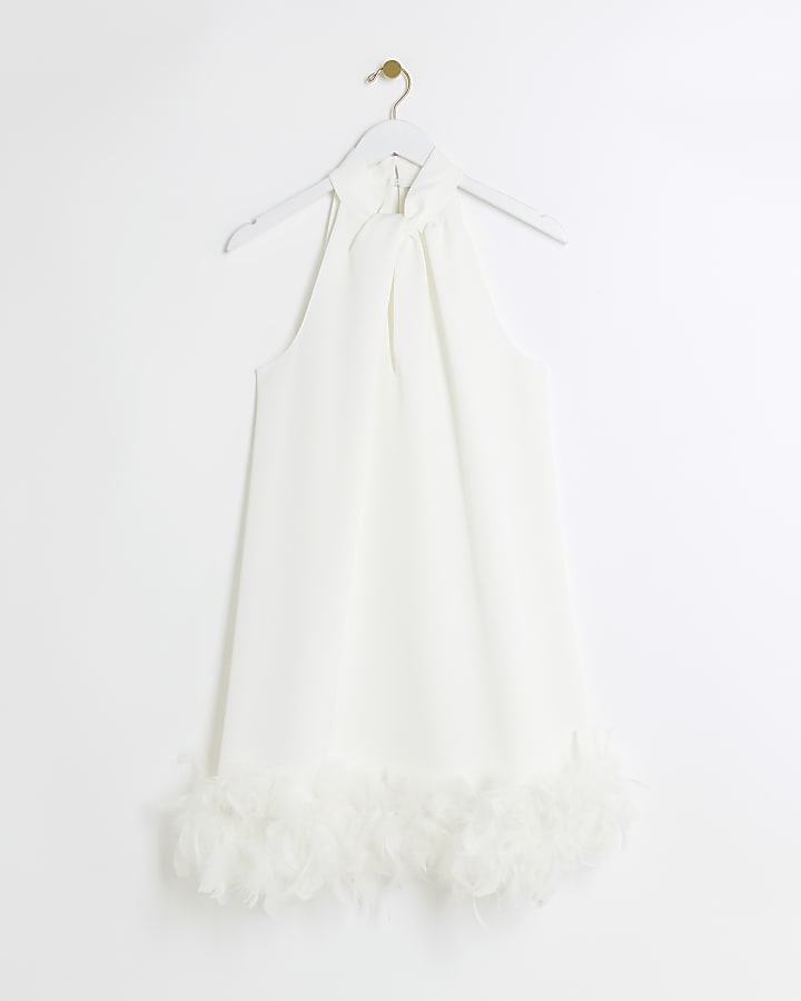 White feather hem shift mini dress