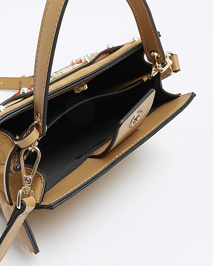 Brown suedette embroidered floral tote bag