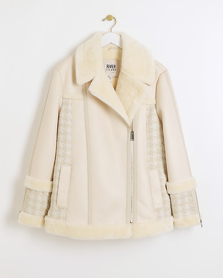 Cream boucle shearling aviator jacket