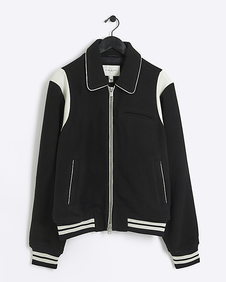 Black regular fit colour block varsity jacket