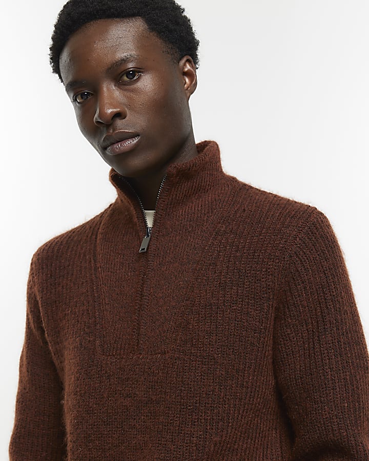 Rust slim fit soft rib funnel jumper