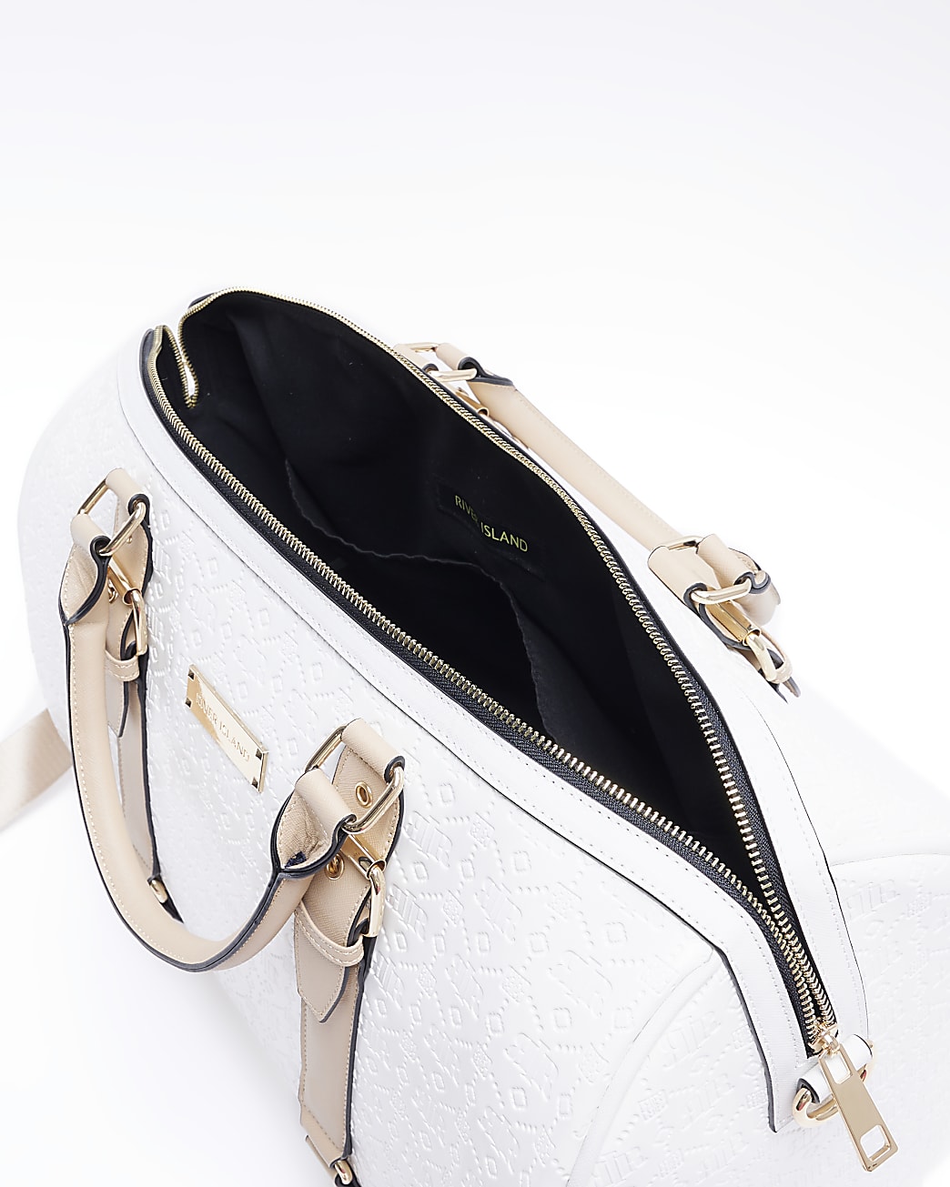 White patent RI embossed travel bag