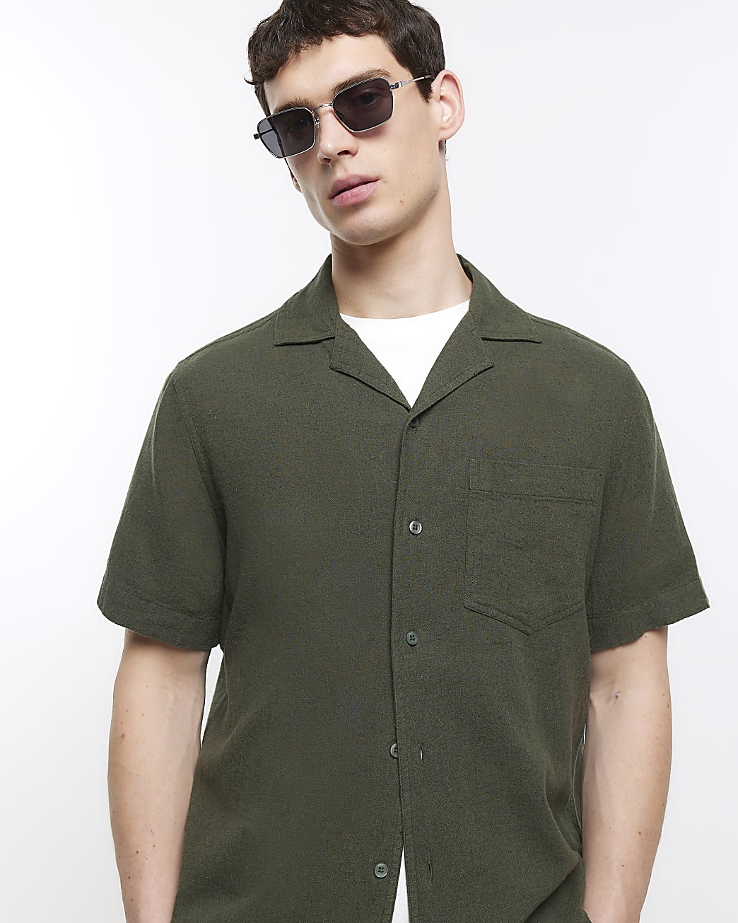 Khaki regular fit linen blend revere shirt