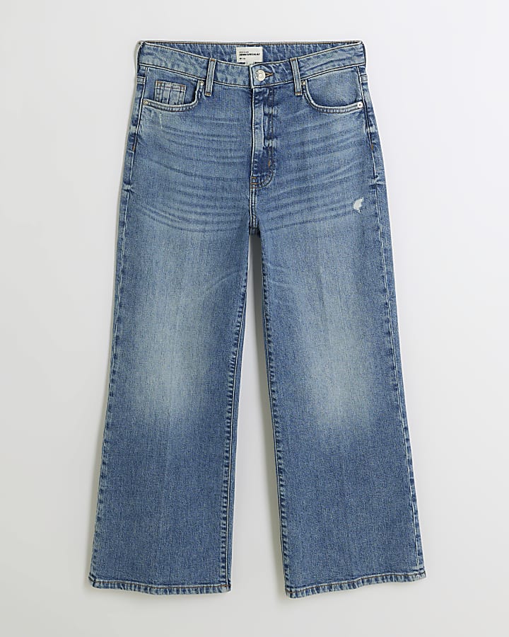 Blue high waisted wide leg crop jeans