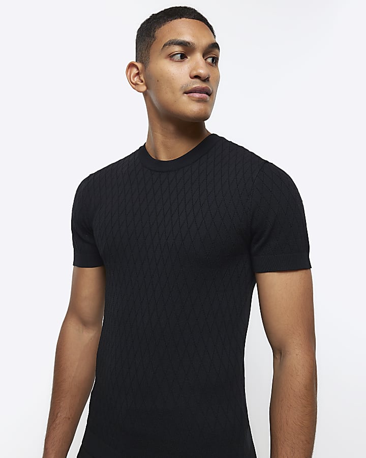 Black Muscle Fit Diamond Stitch T-Shirt