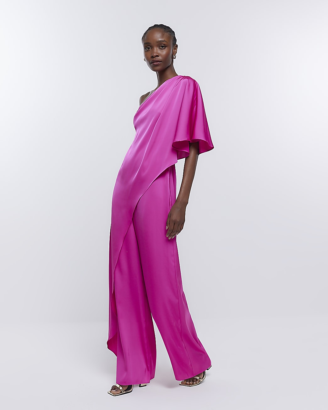 Pink Bridesmaid Drape Shoulder Jumpsuit