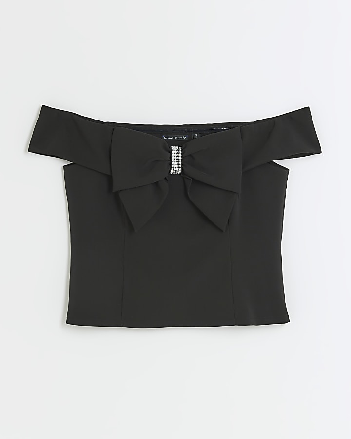 Black embellished bow bardot top