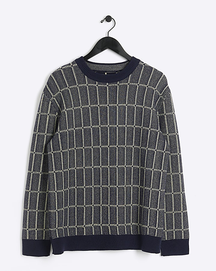 Navy slim fit check jumper