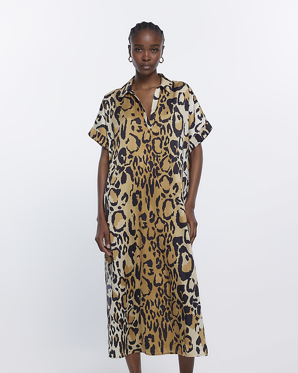 Beige animal print shift midi dress