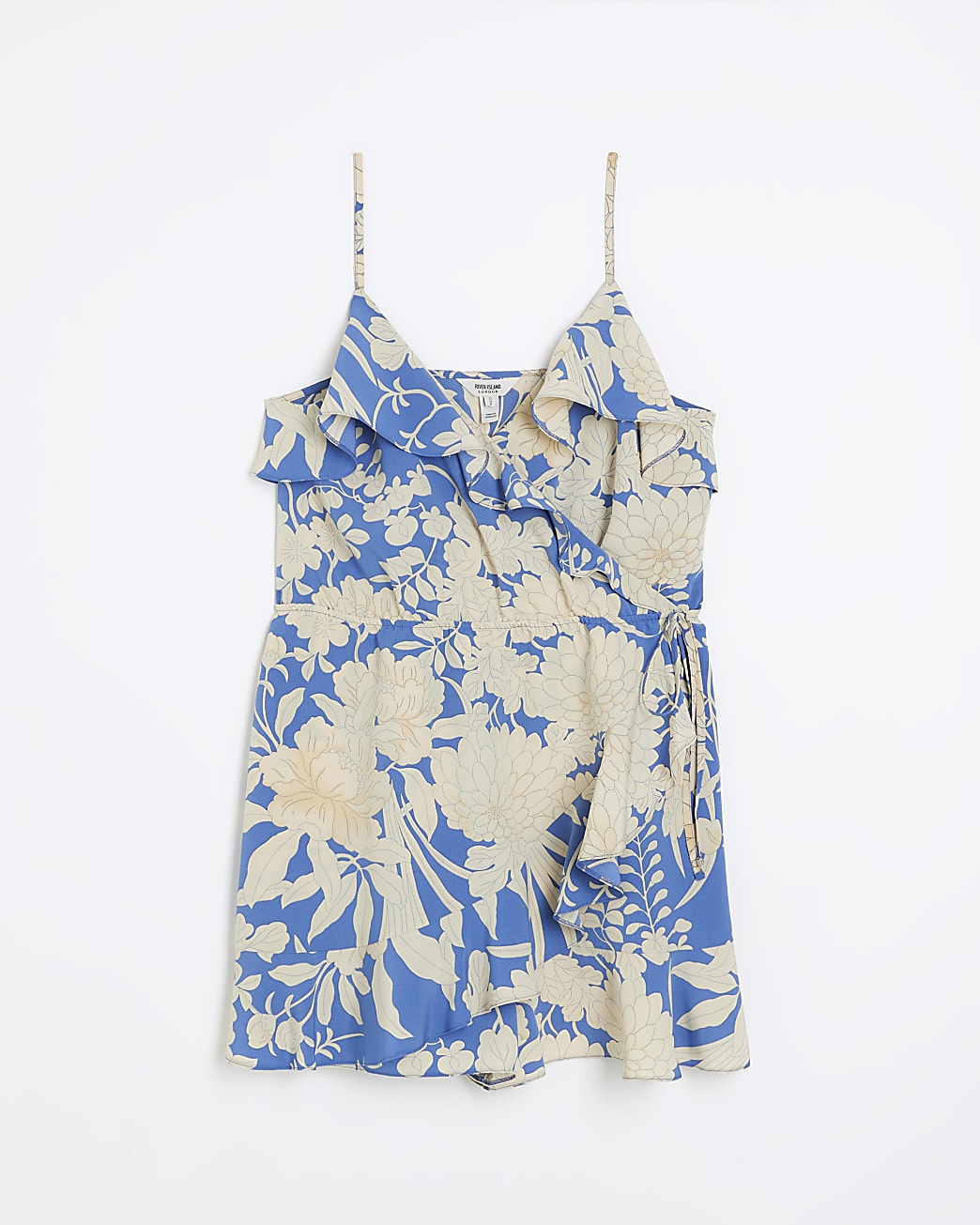 Blue floral frill wrap playsuit