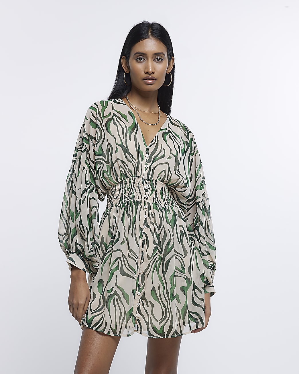 Green print long sleeve mini dress