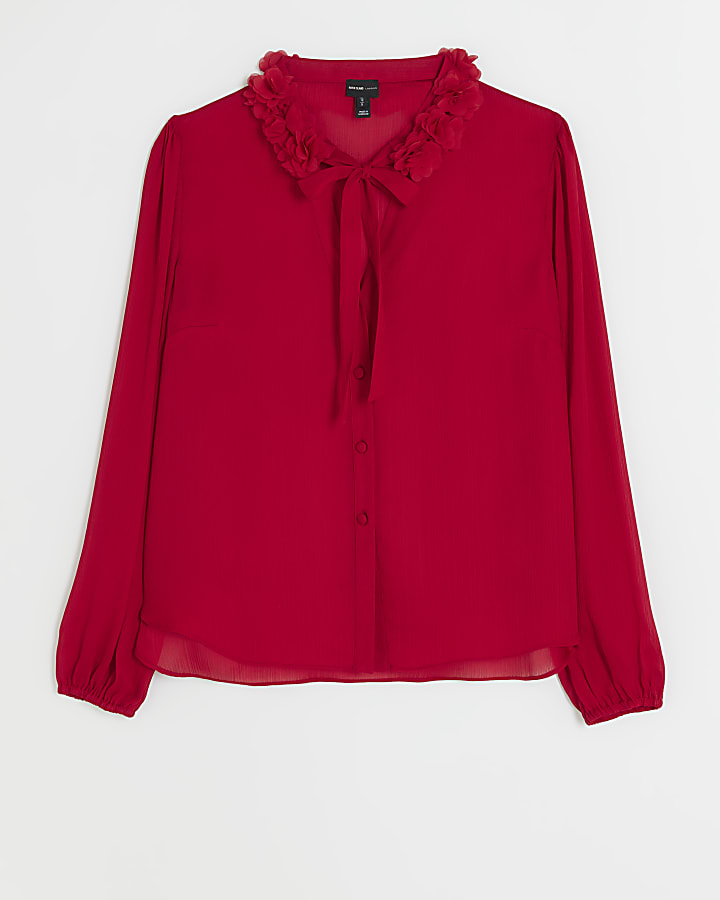 Red chiffon corsage blouse