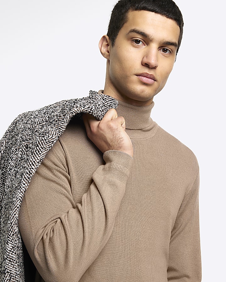 Stone slim fit rolled neck jumper