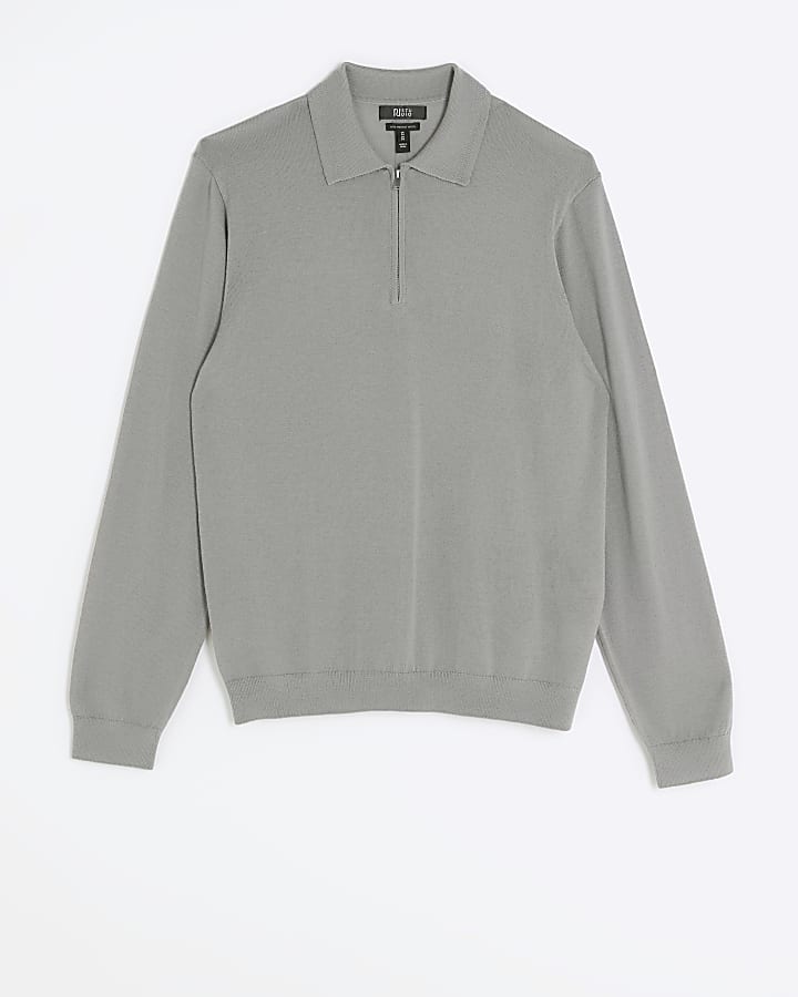 Grey slim fit RI Studio merino polo