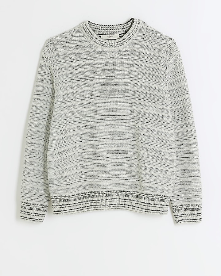 Grey slim fit striped crew jumper