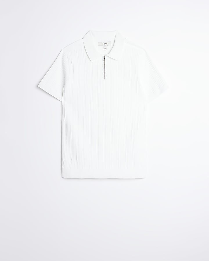 White Muscle fit ribbed zip up polo shirt
