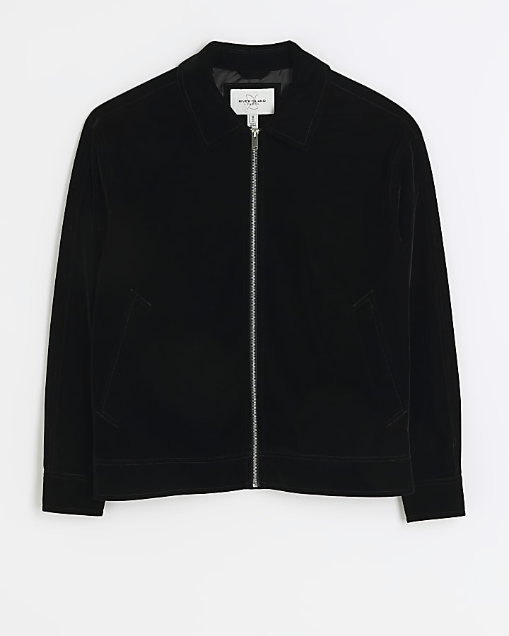 Black regular fit velvet Harrington jacket