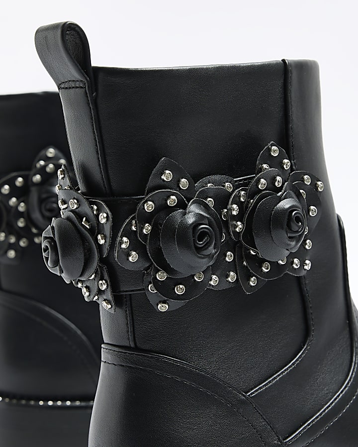 Black flower detail biker boots