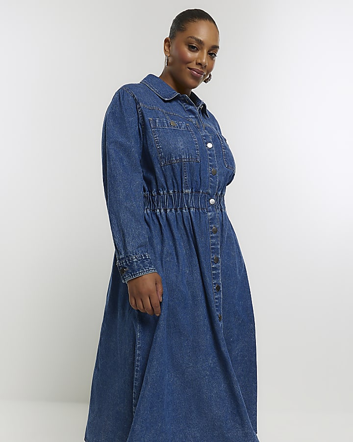 Plus blue denim midi shirt dress