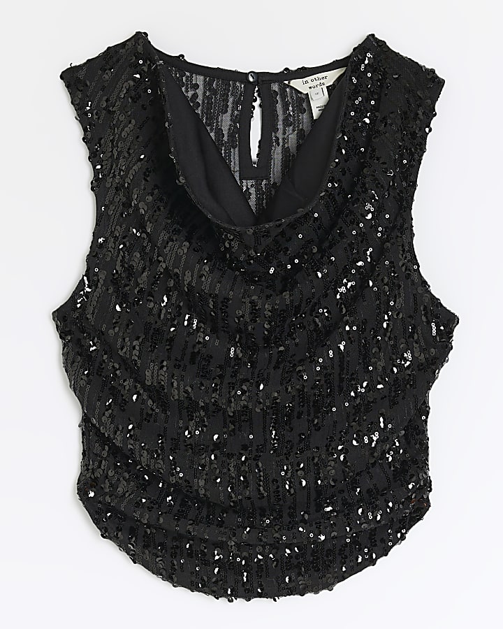 Petite black sequin cowl neck top