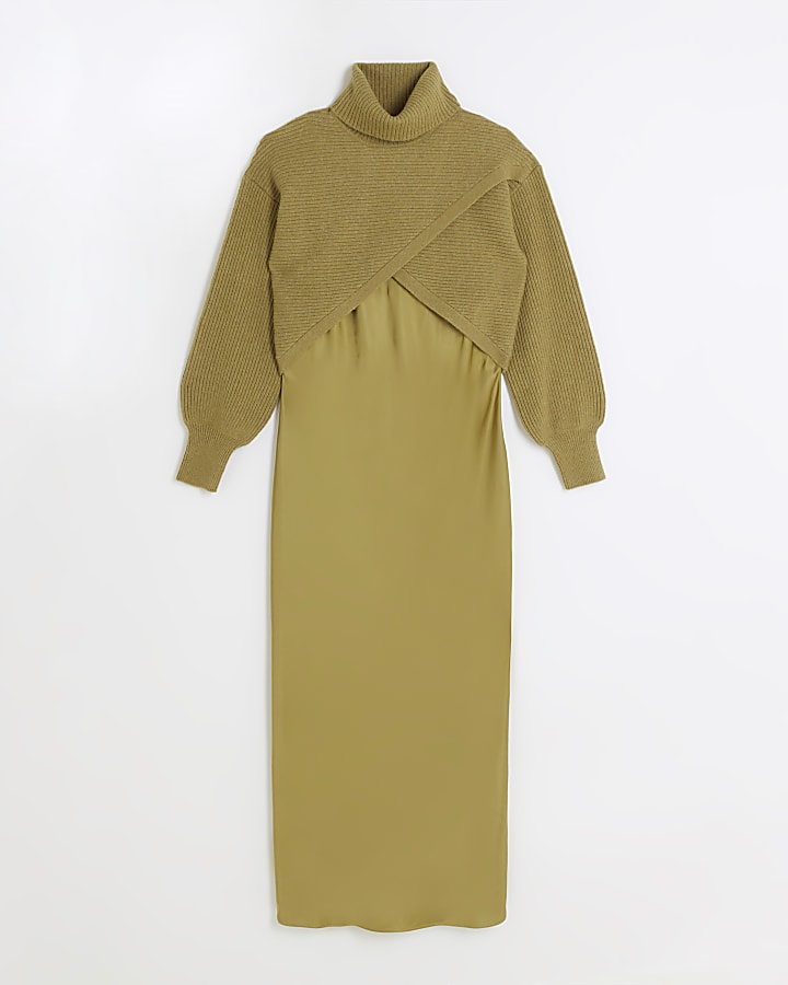 Khaki satin hybrid slip midi dress