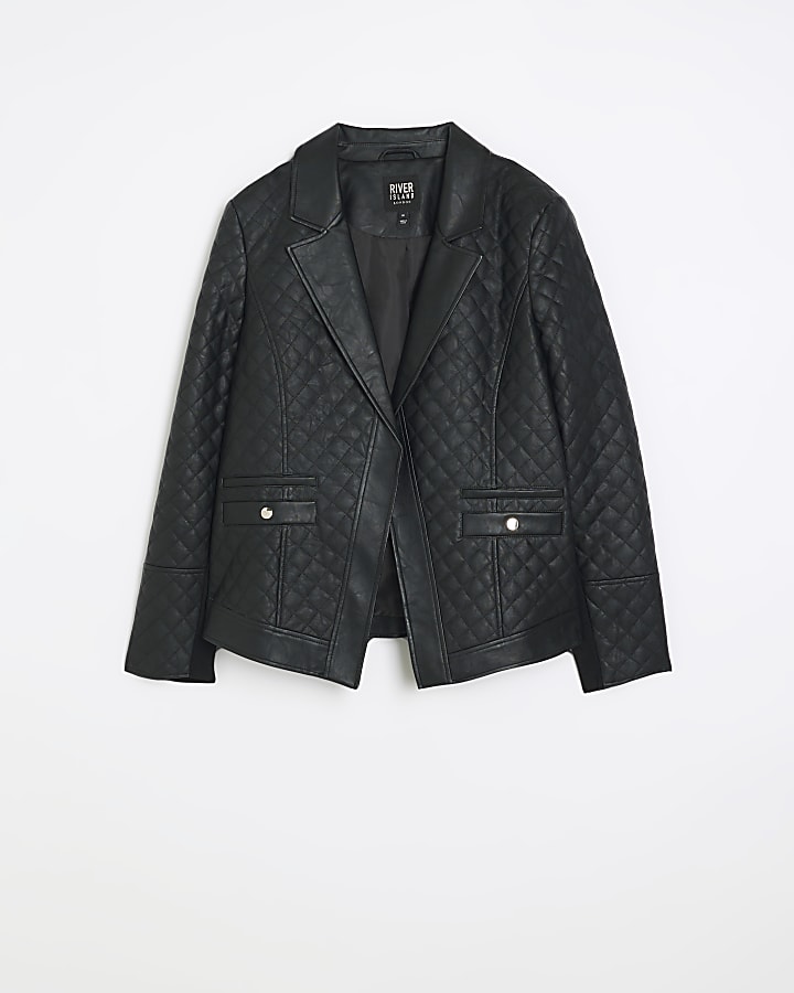 Plus black faux leather quilted blazer