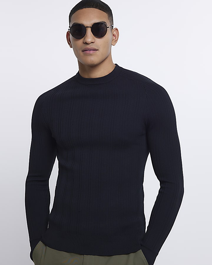 Black Muscle fit Ribbed crew neck jumper