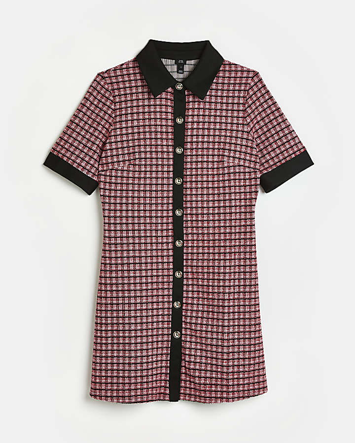 Pink check boucle mini shirt dress