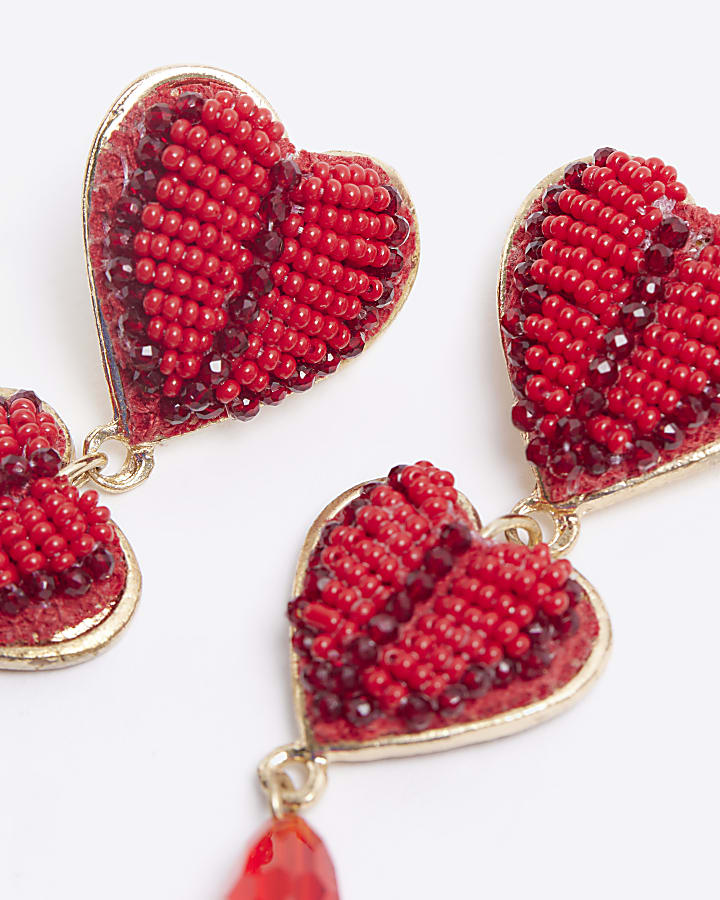 Red beaded heart drop earrings