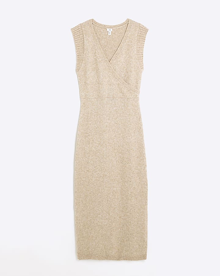 Beige knitted wrap jumper midi dress
