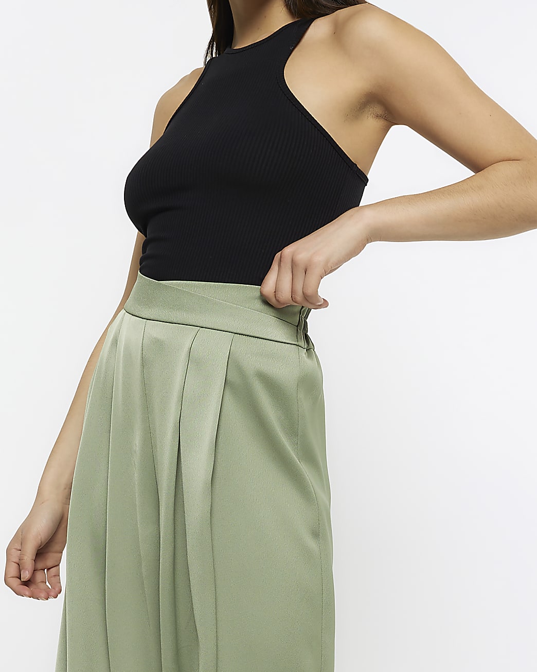 Khaki satin wide leg culottes