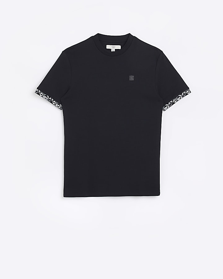 Black Muscle Fit Geometric Trim T-shirt