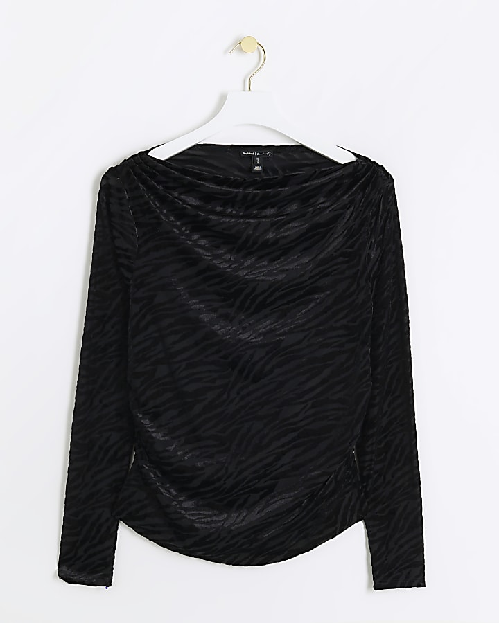 Black ruched devore long sleeve top
