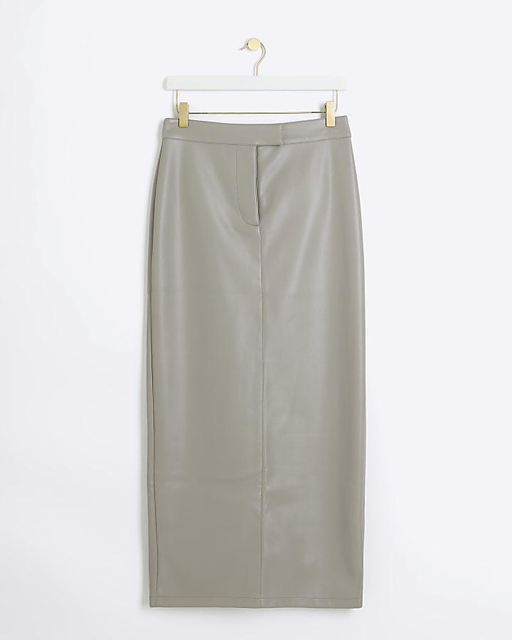 Grey faux leather tailored midi skirt