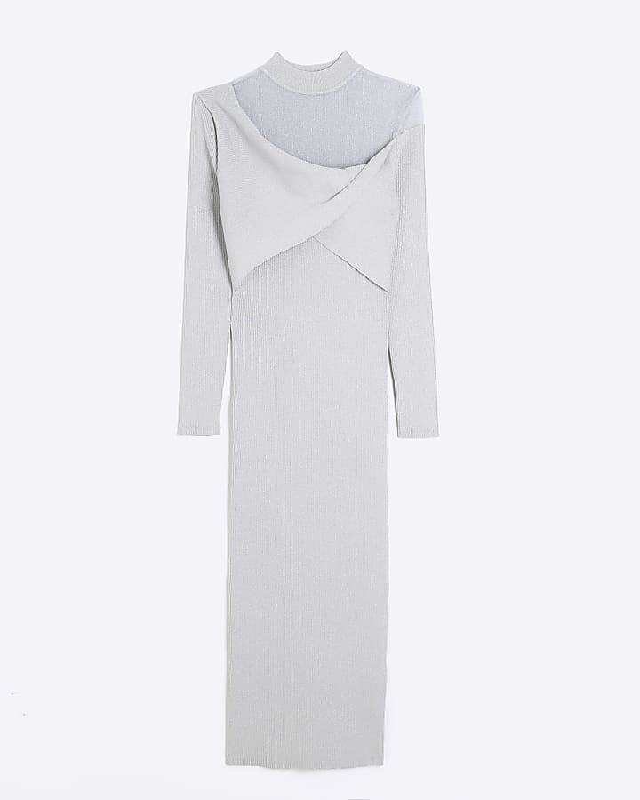 Silver sheer detail bodycon midi dress