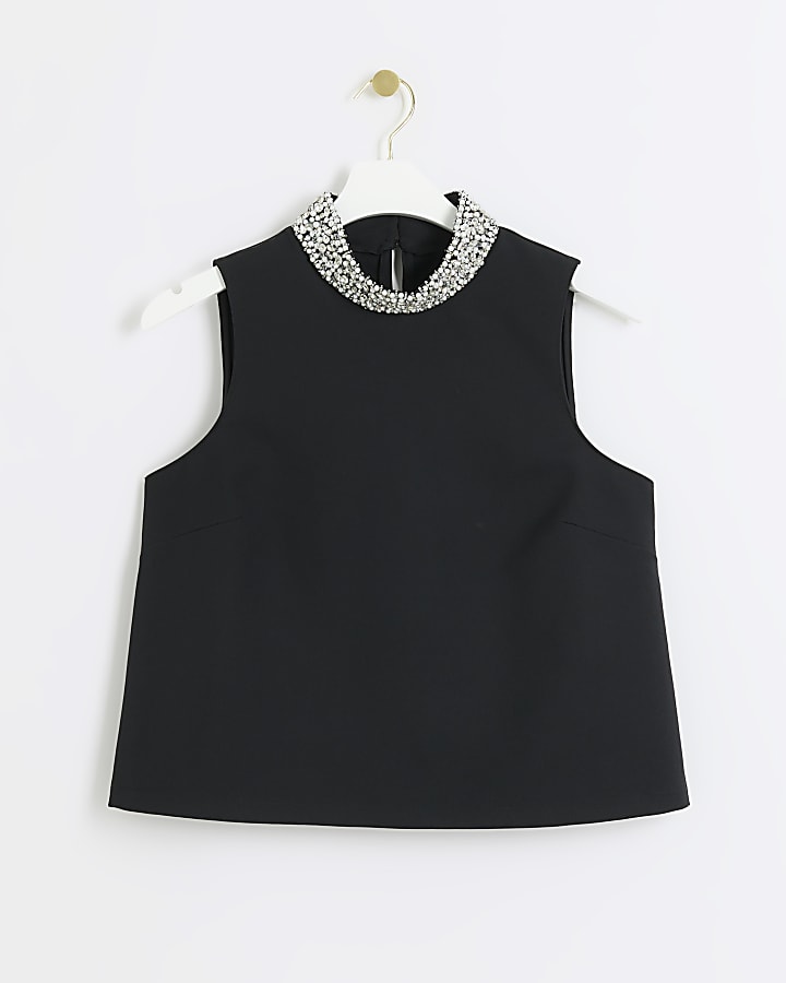 Black diamante neck vest top