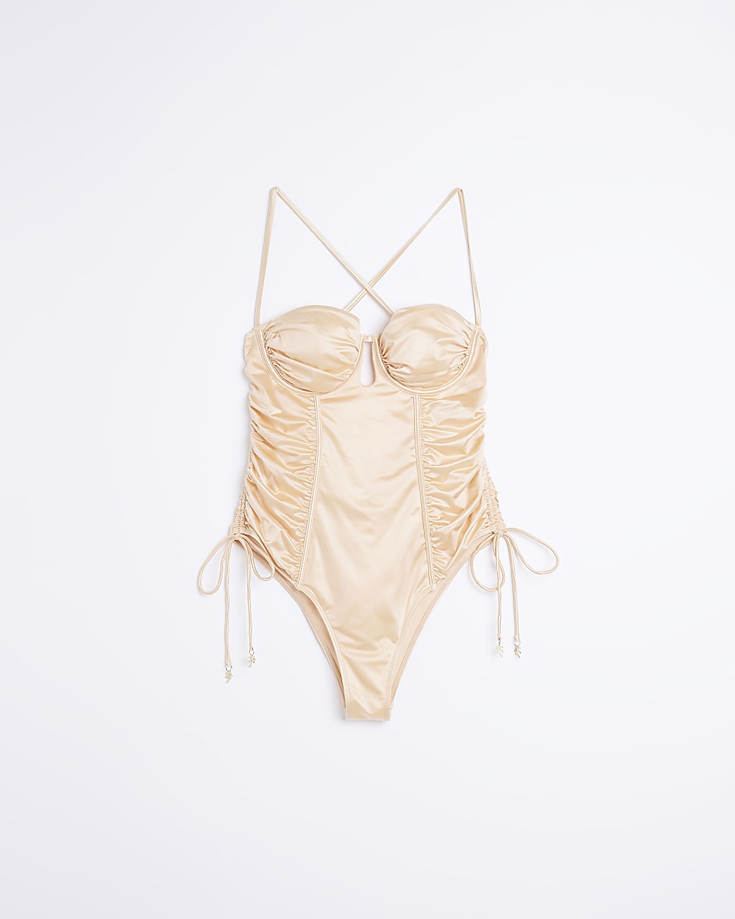 Orange ruched balconette swimsuit