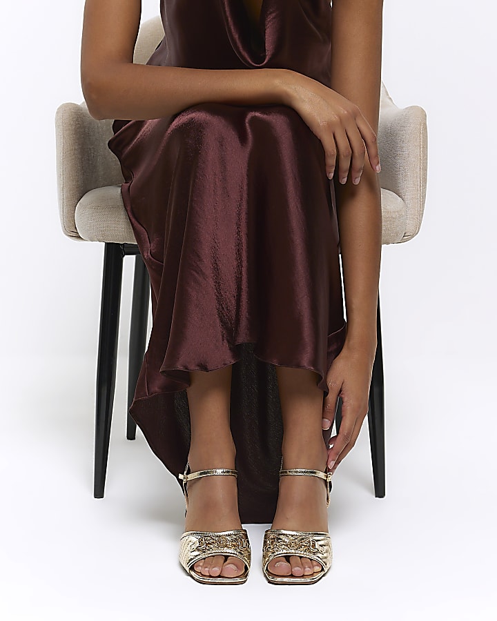 Gold chain block heel sandals