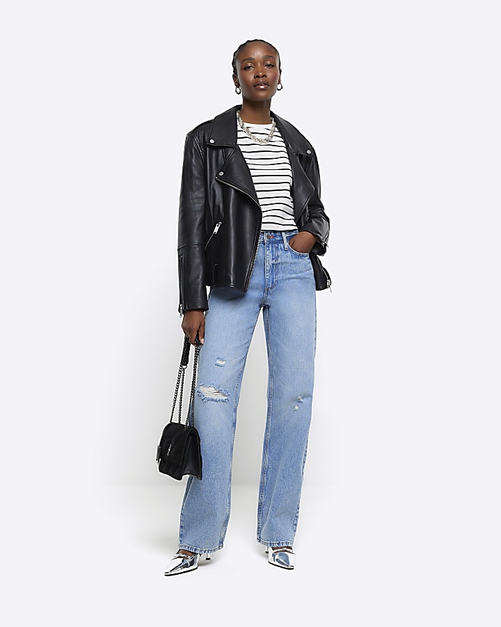 Blue high waisted relaxed straight fit jeans
