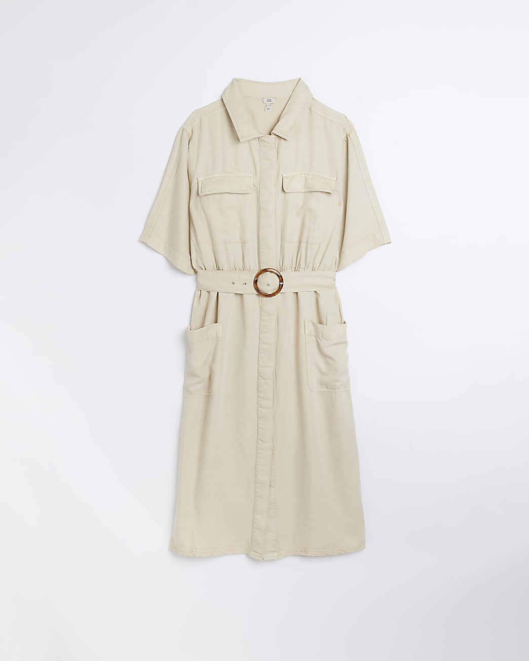 Beige short sleeve belted midi shirt dress