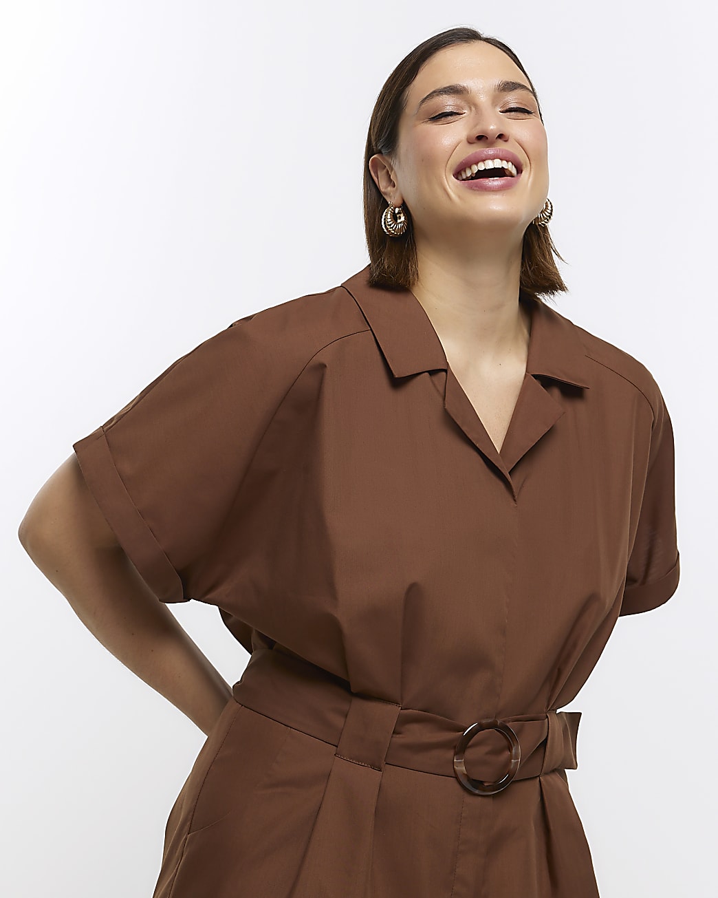 Plus brown short sleeve utility jumpsuit
