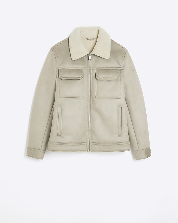 Stone regular fit shearling western jacket